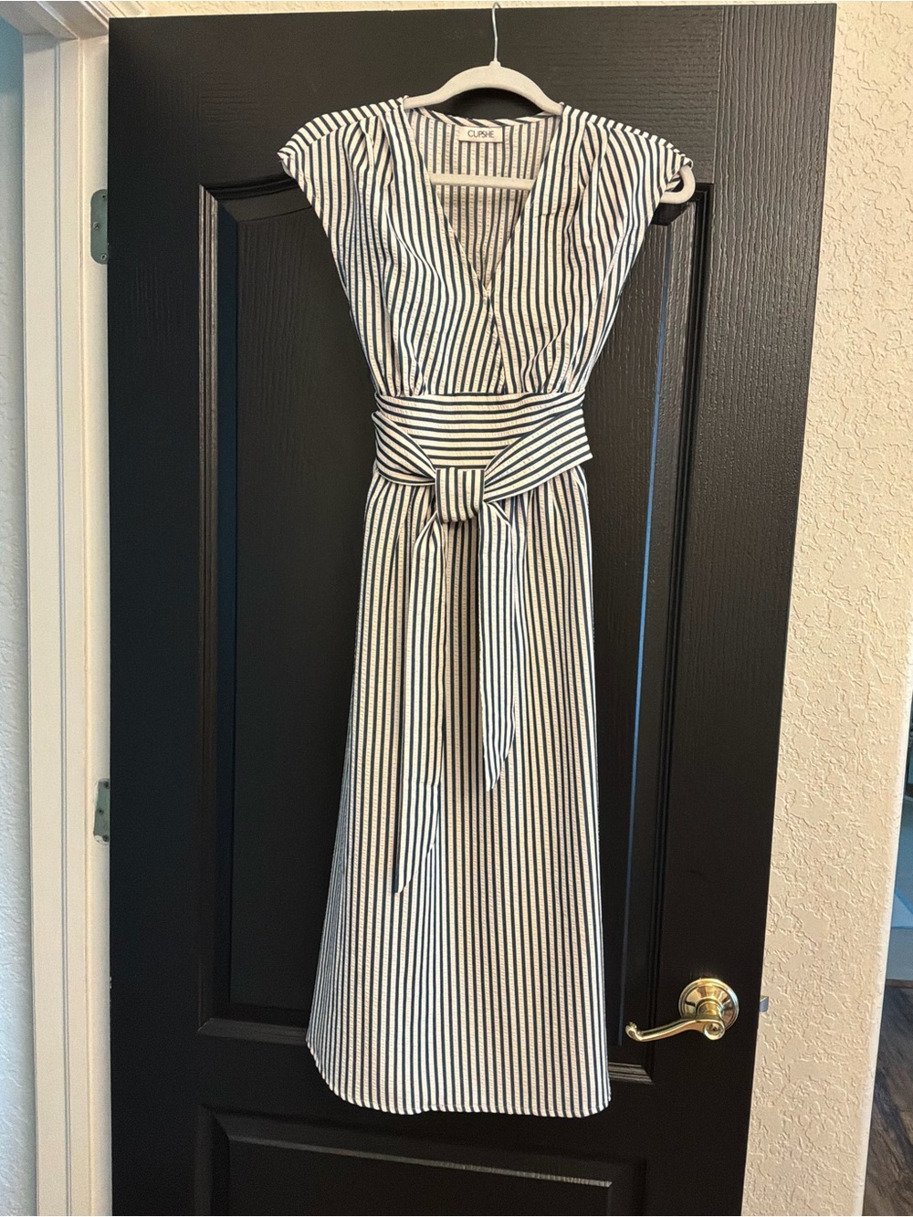 Club Monaco Black & White Vertical Stripe Tie-Waist Midi Dress